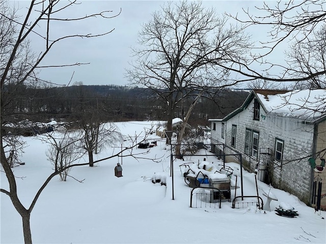 snowy yard with a garage