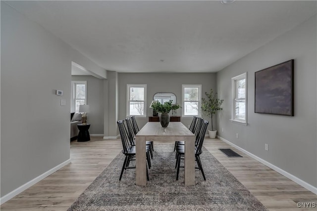 dining room featuring light wood finished floors, baseboards, and visible vents