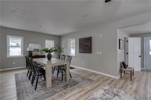 dining room featuring light wood finished floors and baseboards