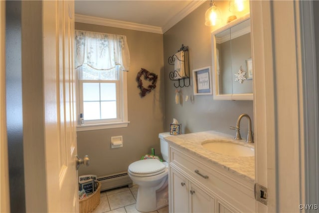 half bath featuring tile patterned flooring, toilet, a baseboard heating unit, vanity, and crown molding