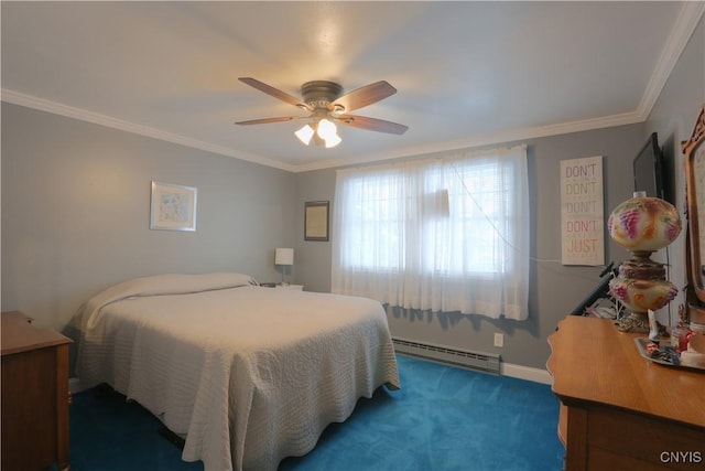 bedroom with a baseboard heating unit, carpet floors, a ceiling fan, baseboards, and crown molding