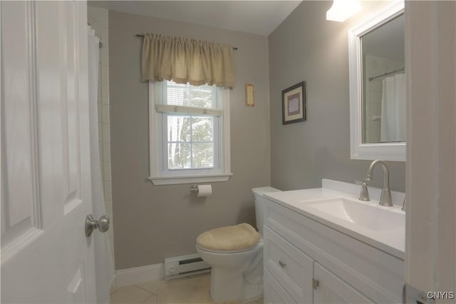 bathroom with toilet, a baseboard heating unit, vanity, tile patterned flooring, and baseboards