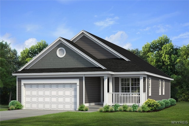 view of front facade with a front lawn, covered porch, roof with shingles, concrete driveway, and an attached garage