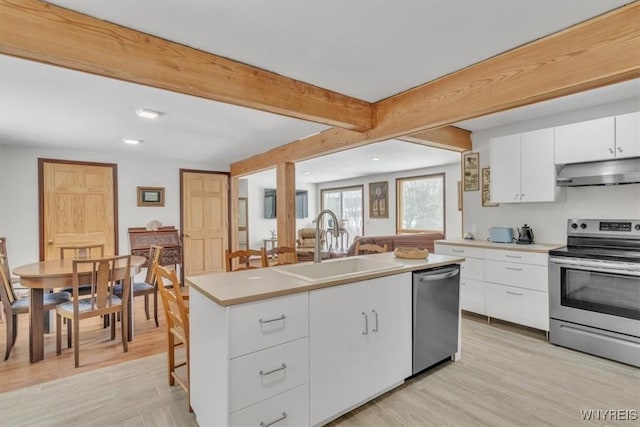 kitchen featuring beam ceiling, stainless steel appliances, white cabinets, a sink, and under cabinet range hood