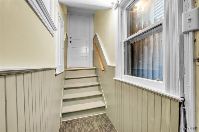 stairway with wooden walls and wood finished floors