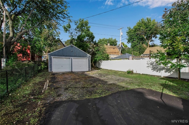 view of yard with an outdoor structure, fence private yard, and a detached garage