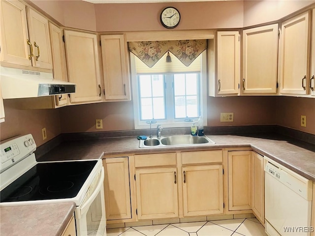 kitchen featuring white appliances, a sink, and under cabinet range hood