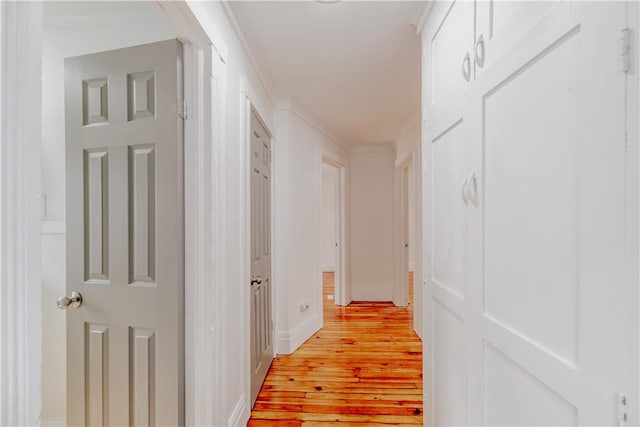 hall with ornamental molding and light wood-type flooring