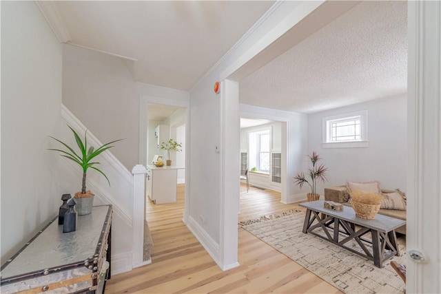 interior space with light wood-style flooring, a textured ceiling, baseboards, and crown molding