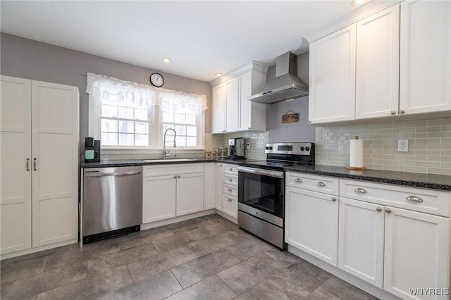 kitchen featuring stainless steel appliances, backsplash, white cabinets, a sink, and wall chimney exhaust hood