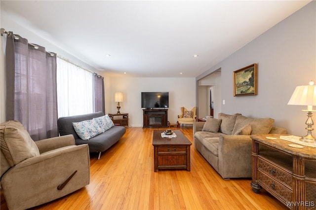 living area featuring light wood-type flooring and a glass covered fireplace