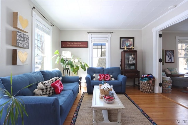 living room with crown molding and wood finished floors