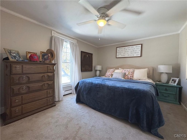 carpeted bedroom featuring a baseboard heating unit, a ceiling fan, and crown molding