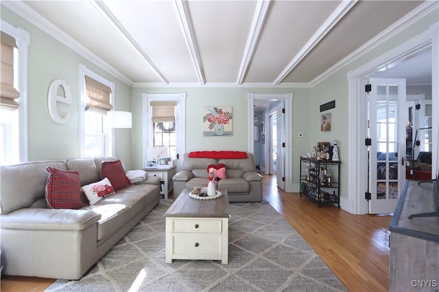 living room featuring light wood-type flooring, baseboards, and ornamental molding