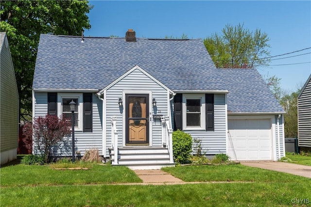 view of front of property featuring driveway, a garage, a chimney, roof with shingles, and a front lawn