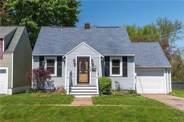 view of front of property featuring driveway, an attached garage, a chimney, and a front yard