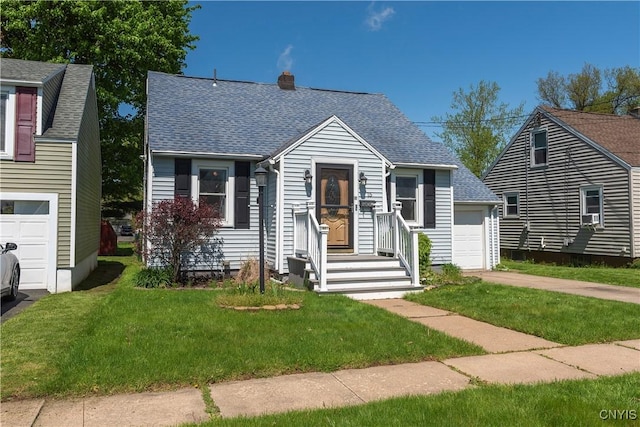 view of front of home with a garage, a front yard, a shingled roof, and a chimney