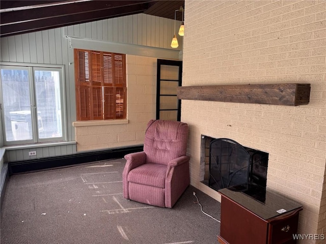 sitting room featuring vaulted ceiling, baseboard heating, and a fireplace