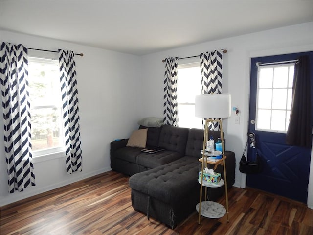 living area featuring plenty of natural light, baseboards, and wood finished floors