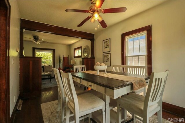 dining room featuring wood-type flooring, ceiling fan, and baseboards