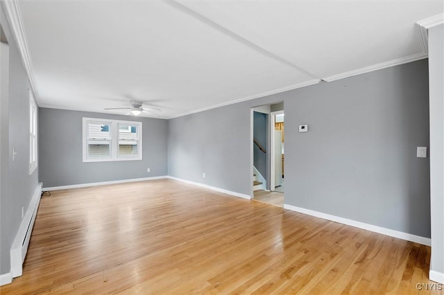 unfurnished room featuring a ceiling fan, baseboards, stairs, light wood-style floors, and ornamental molding