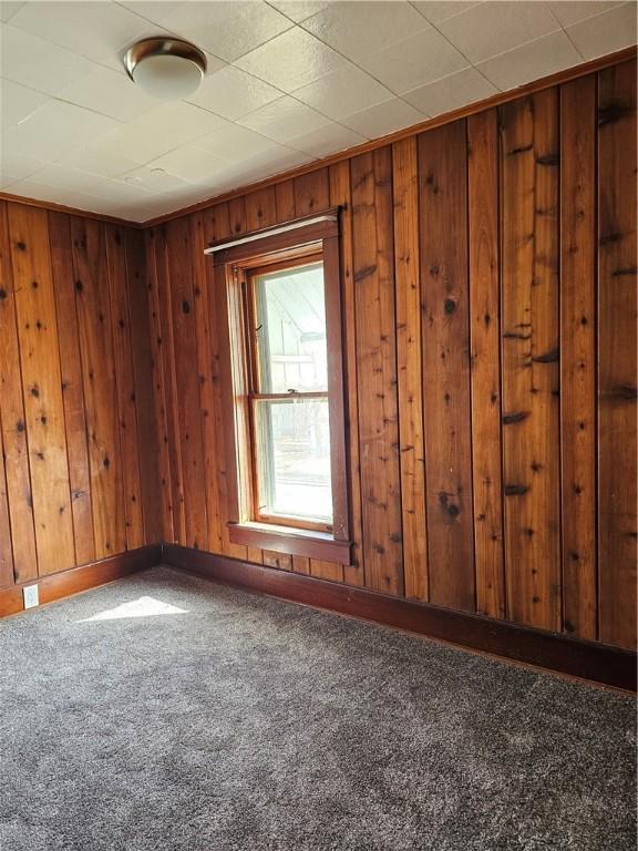 carpeted spare room featuring wooden walls