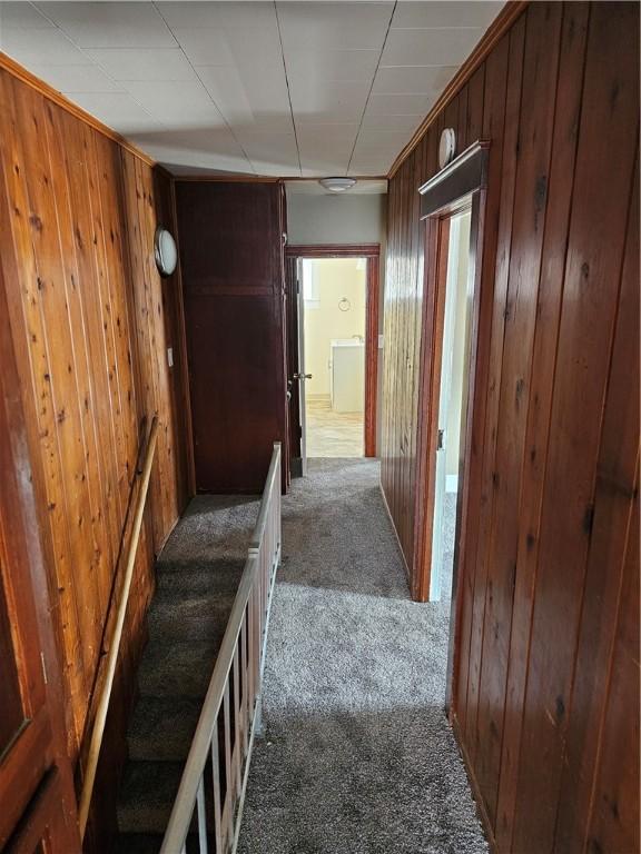 hall featuring carpet flooring and wood walls