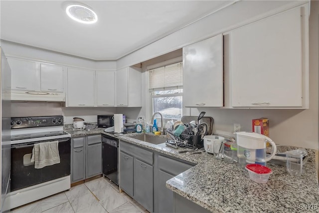 kitchen with black dishwasher, electric stove, gray cabinets, under cabinet range hood, and a sink