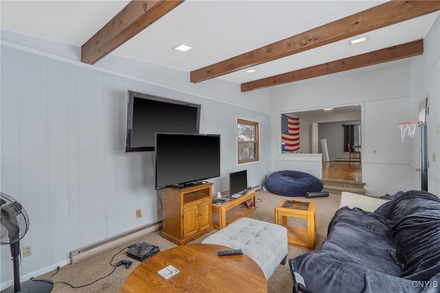 living area featuring carpet floors, beamed ceiling, and a baseboard radiator