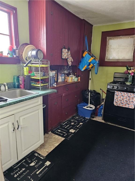 kitchen with a sink, black gas stove, and white cabinets