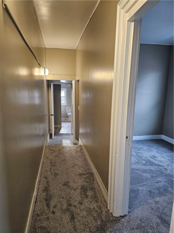 corridor with baseboards and carpet flooring