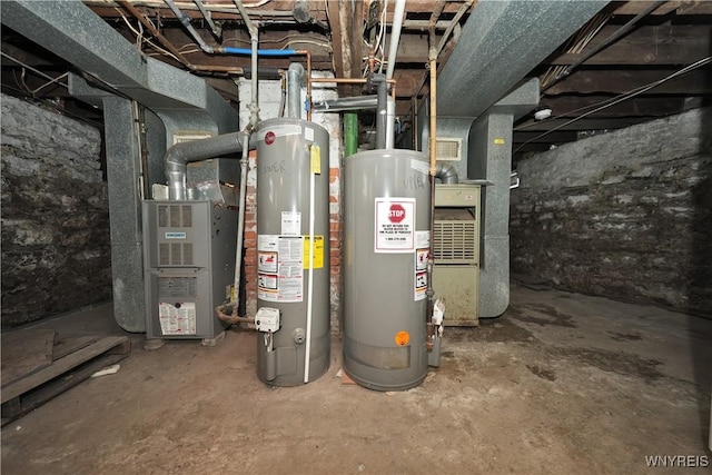 utilities featuring heating unit and gas water heater