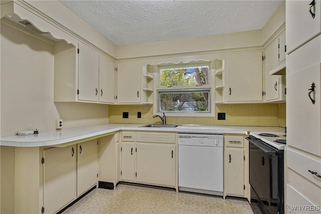 kitchen featuring open shelves, light countertops, electric range oven, a sink, and white dishwasher