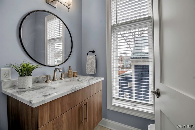 half bathroom with plenty of natural light and vanity