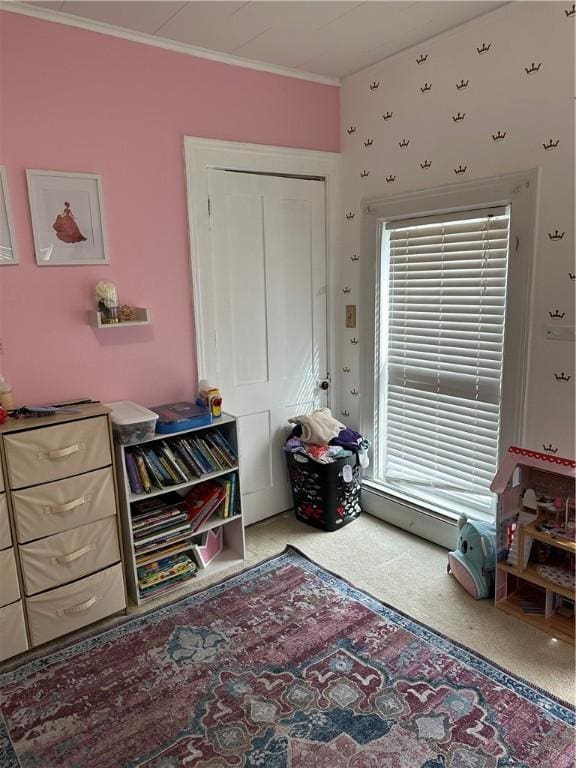 playroom featuring crown molding and carpet flooring