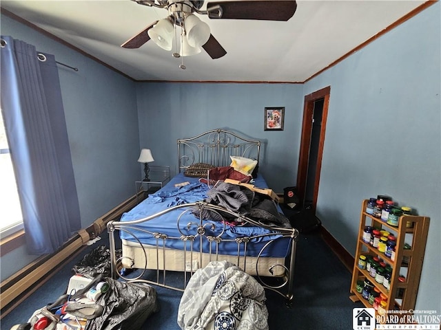 bedroom featuring crown molding, a ceiling fan, and baseboards