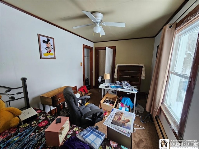 office with carpet floors, crown molding, ceiling fan, and a wealth of natural light