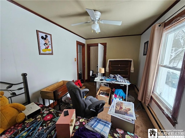 carpeted bedroom featuring ornamental molding and ceiling fan