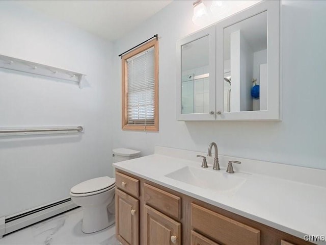 bathroom with a shower, marble finish floor, toilet, baseboard heating, and vanity