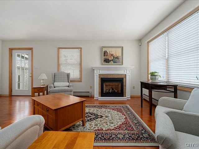 living area with baseboard heating, a fireplace, wood finished floors, and a baseboard radiator