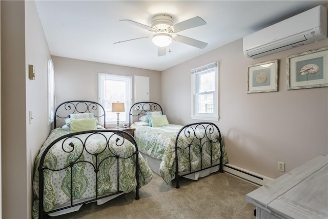 bedroom featuring carpet flooring, a wall mounted air conditioner, baseboard heating, and multiple windows