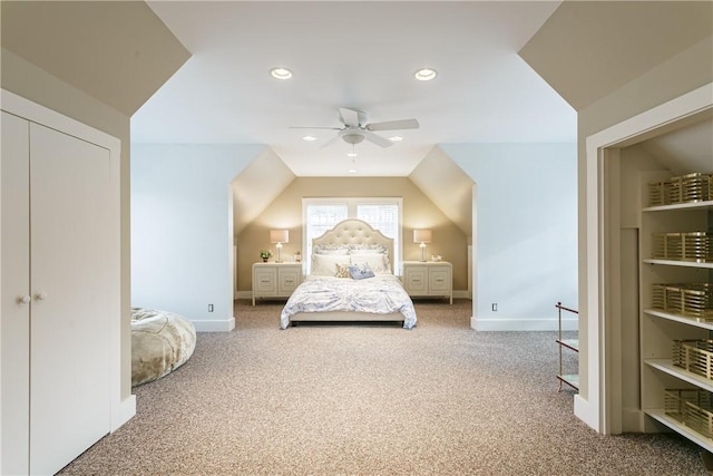 carpeted bedroom featuring a ceiling fan, lofted ceiling, baseboards, and recessed lighting