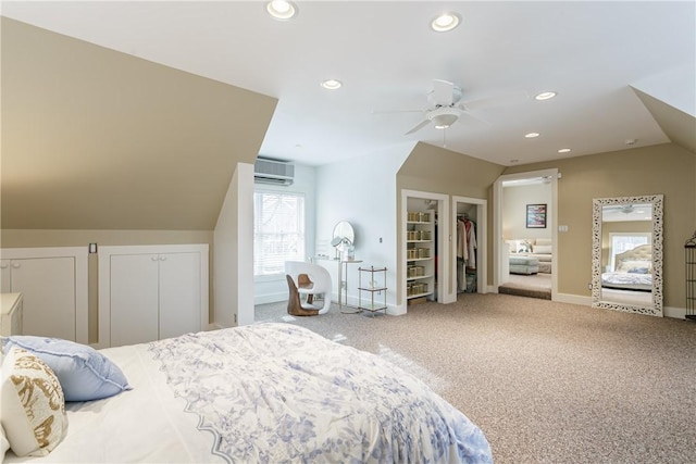 bedroom featuring vaulted ceiling, carpet, baseboards, and recessed lighting