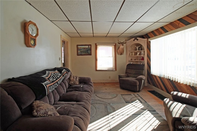 living area featuring a drop ceiling and wood finished floors