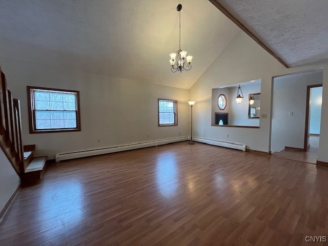 unfurnished living room with high vaulted ceiling, a notable chandelier, dark wood finished floors, and a textured ceiling