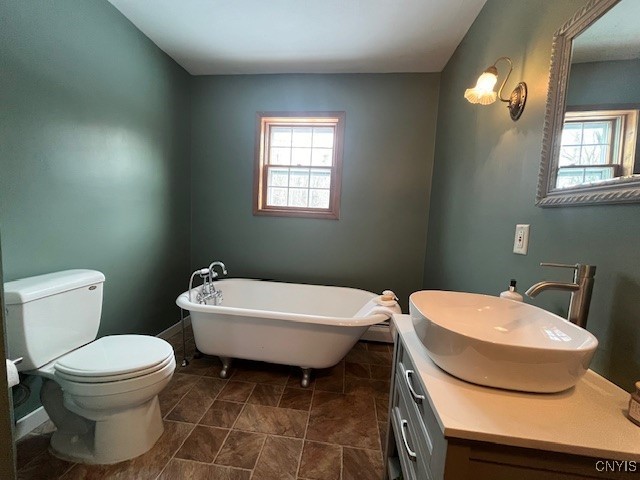 full bathroom featuring toilet, a freestanding tub, and vanity