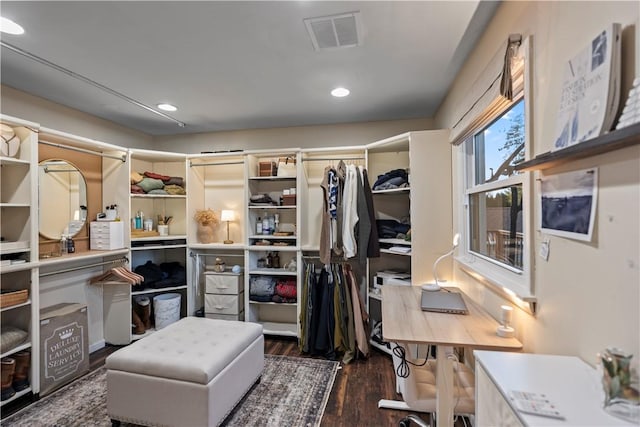 home office featuring wood finished floors, visible vents, and recessed lighting