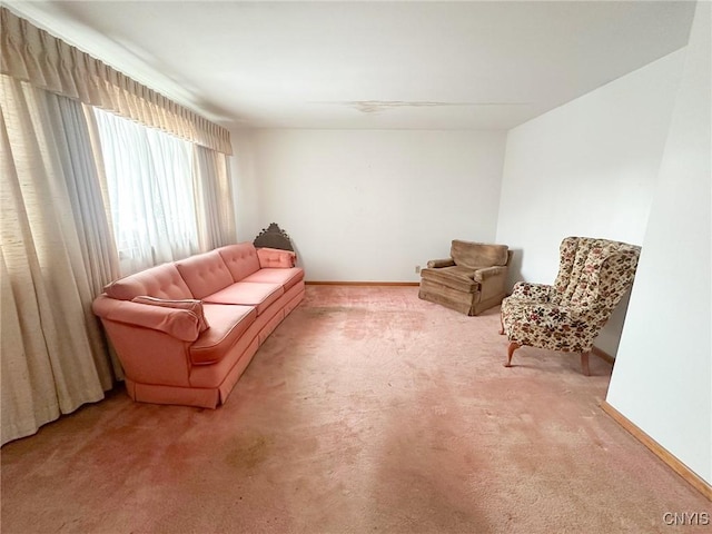 living area with carpet and baseboards