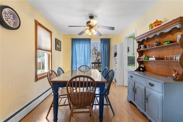 dining room featuring light wood-style floors, a baseboard radiator, and ceiling fan