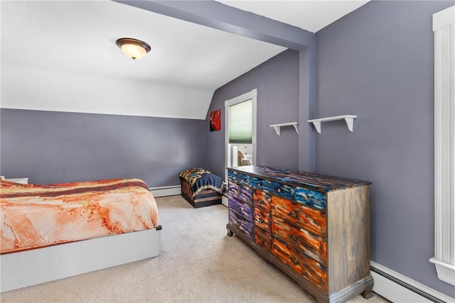 bedroom with a baseboard heating unit, lofted ceiling, carpet floors, and baseboards